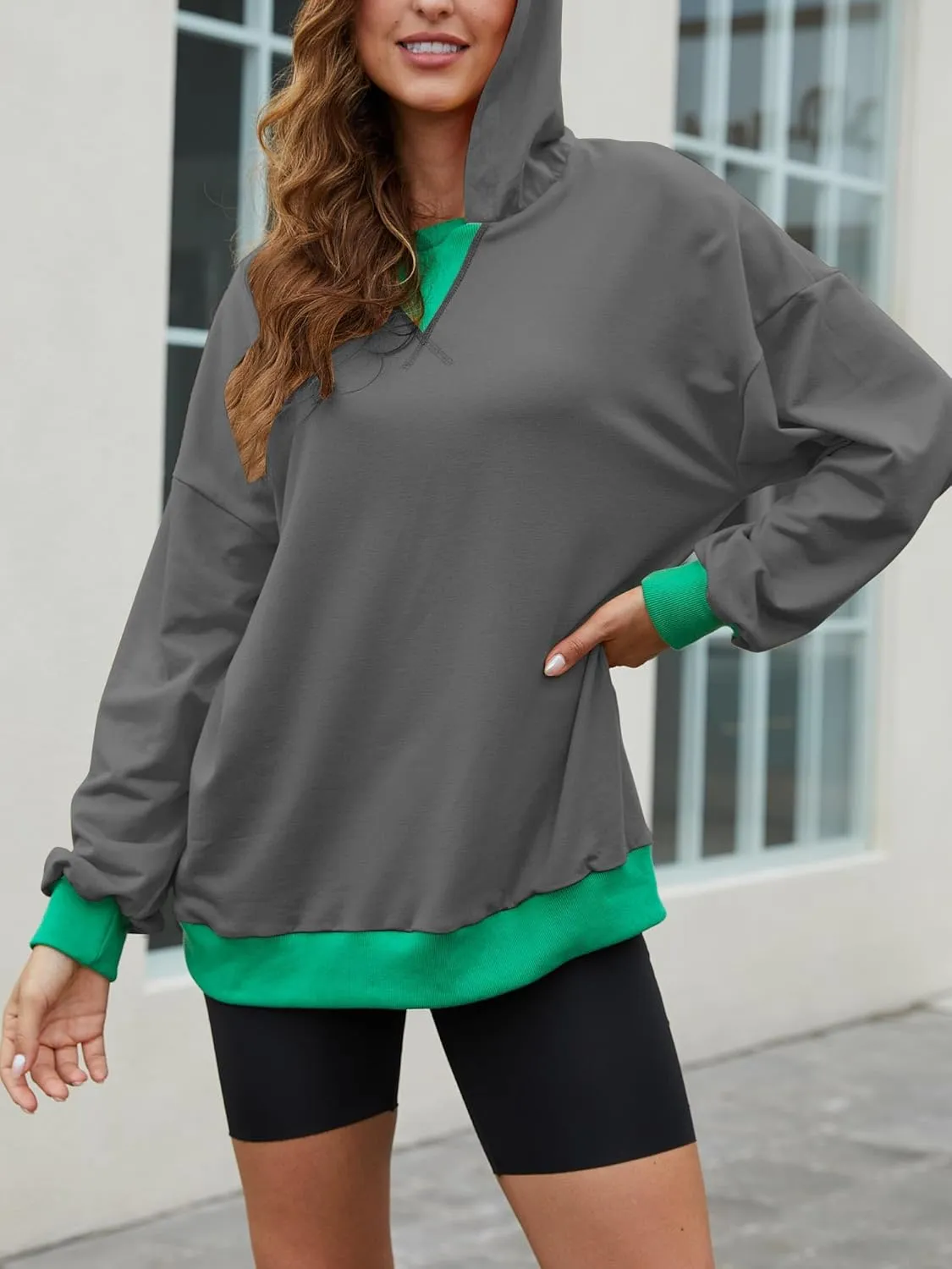 Womens Casual Crewneck Color Block Oversized Sweatshirt Hoodies Long Sleeve Pullover Tunic Tops Outfits Hooded