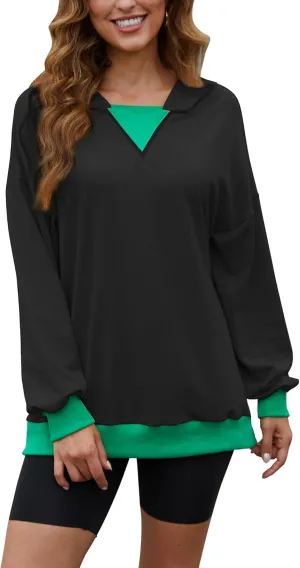 Womens Casual Crewneck Color Block Oversized Sweatshirt Hoodies Long Sleeve Pullover Tunic Tops Outfits Hooded