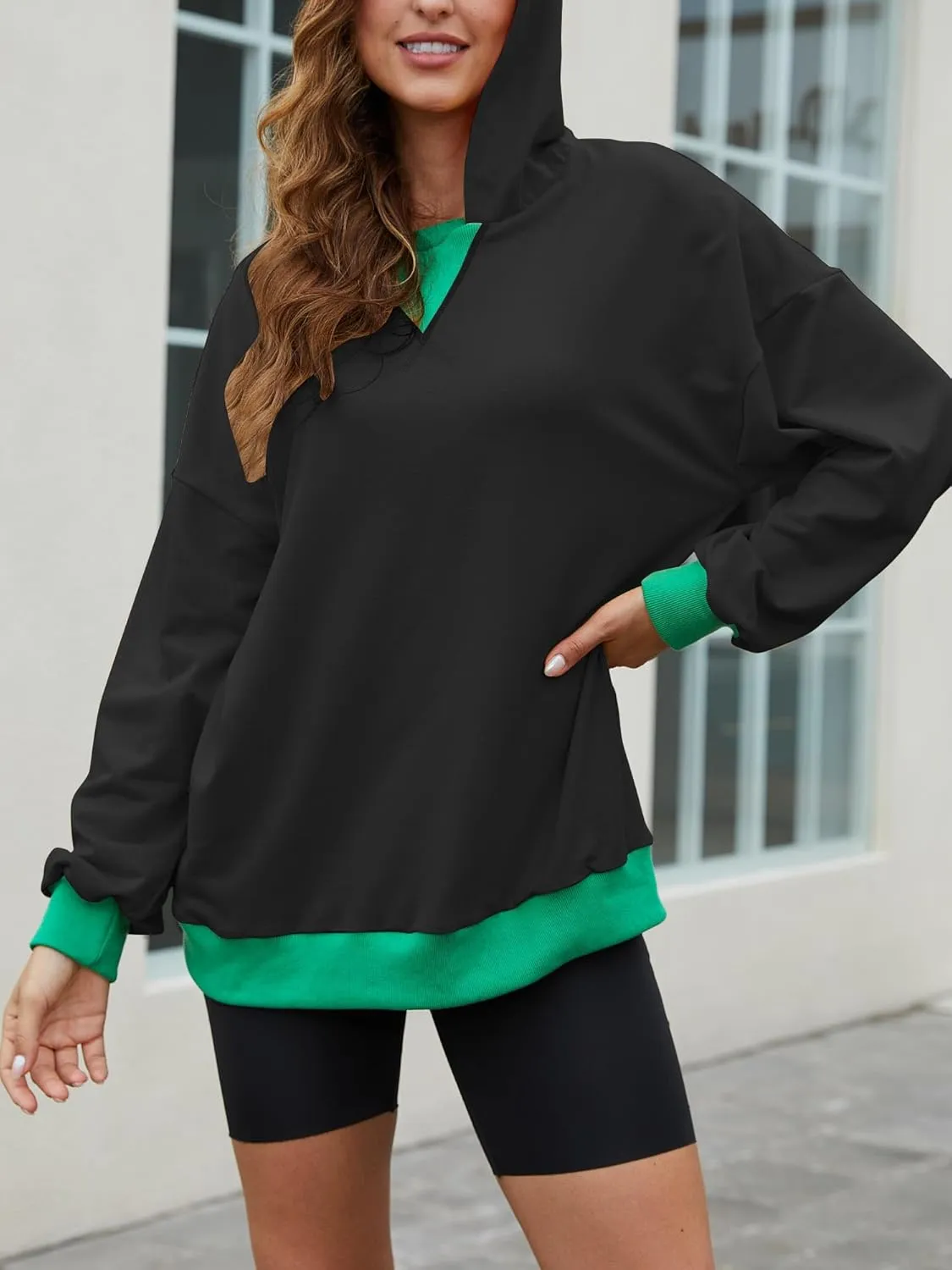 Womens Casual Crewneck Color Block Oversized Sweatshirt Hoodies Long Sleeve Pullover Tunic Tops Outfits Hooded