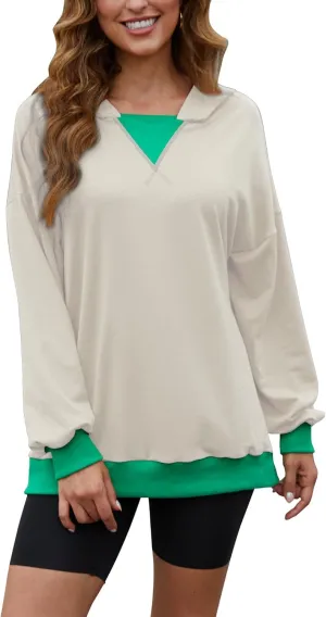 Womens Casual Crewneck Color Block Oversized Sweatshirt Hoodies Long Sleeve Pullover Tunic Tops Outfits Hooded