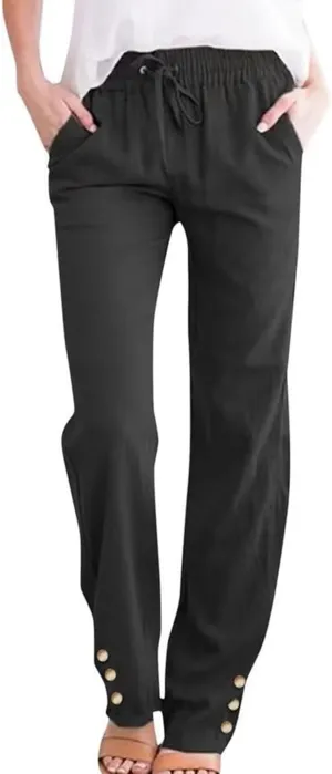 Women's Cotton Linen Pants Summer Relax Fit Straight Leg Elastic Waist Pants with Pocket Beach Fashion Trousers