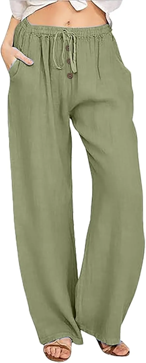 Women's Cotton Linen Pants Wide Leg Palazzo Loose Drawstring Elastic Waist Lounge Trousers Casual Summer Outfits 2025