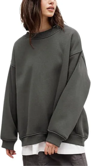 Womens Crew Neck Solid Color Sweatshirts Tops Long Sleeve Casual Pullover Cute Lightweight Loose Tops Fall Winter