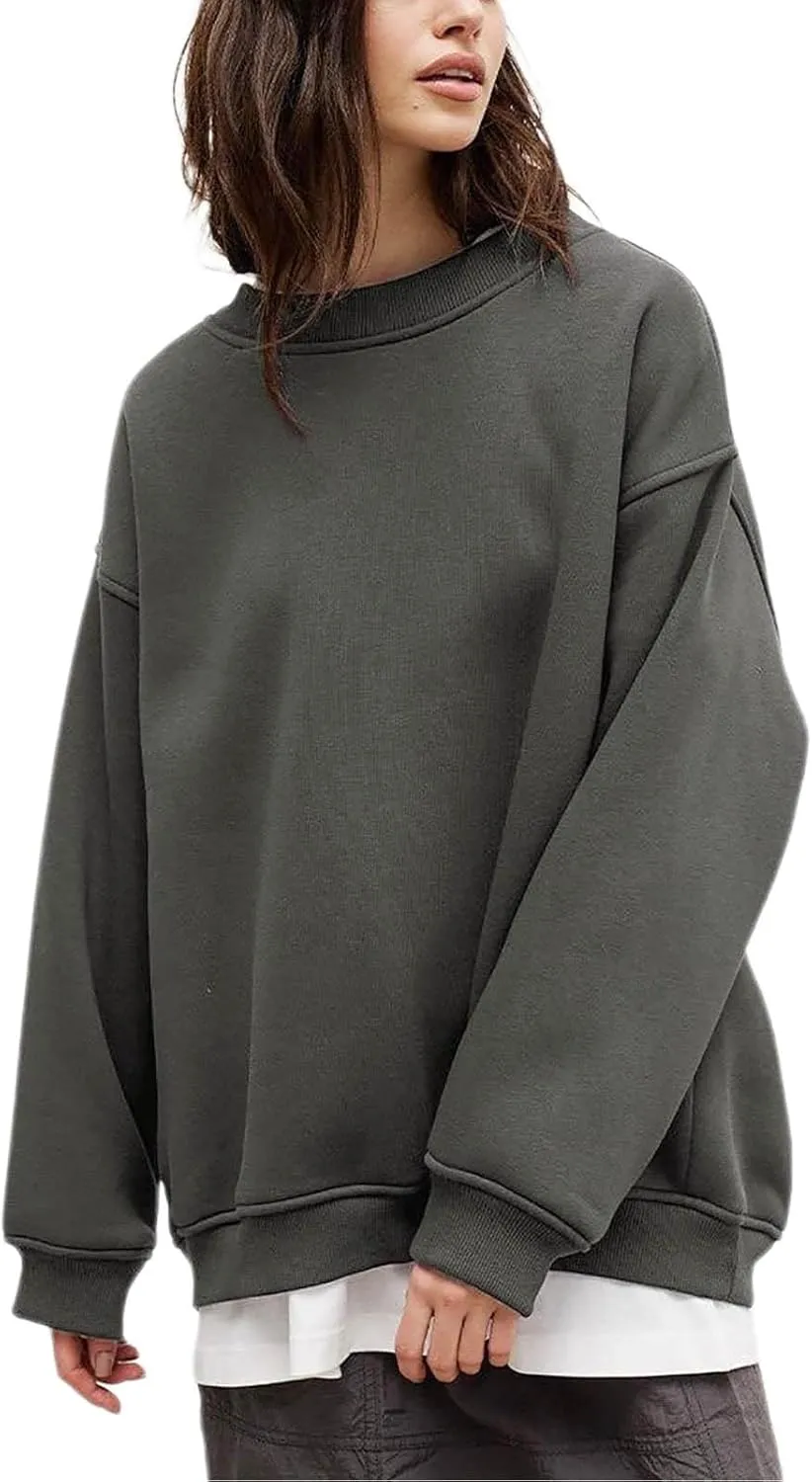 Womens Crew Neck Solid Color Sweatshirts Tops Long Sleeve Casual Pullover Cute Lightweight Loose Tops Fall Winter
