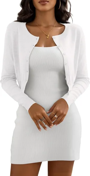 Women's Cropped Cardigan Sweaters Crew Neck Button Down Open Front Knit Bolero Shrugs