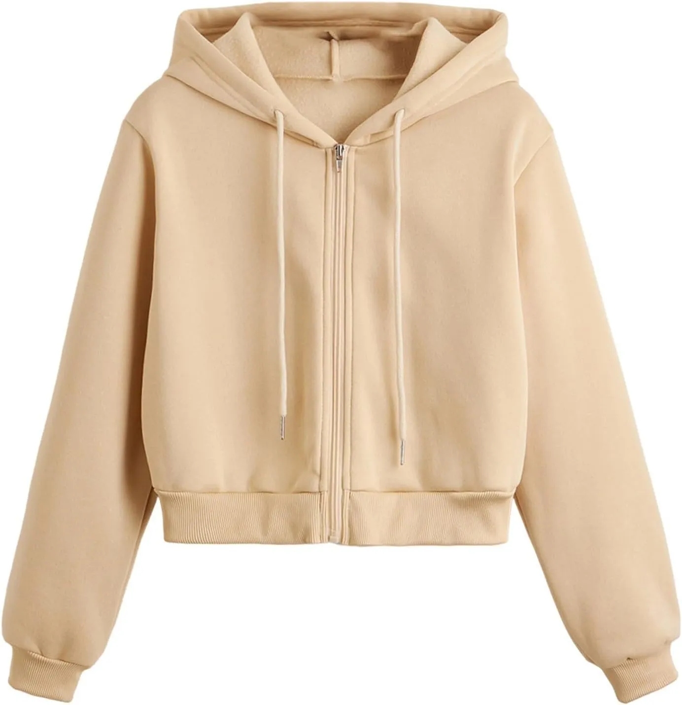 Women's Cropped Hoodie Long Sleeve Plain Lightweight Zip Up Hooded Sweatshirts Outwear Teens Tops with Pockets