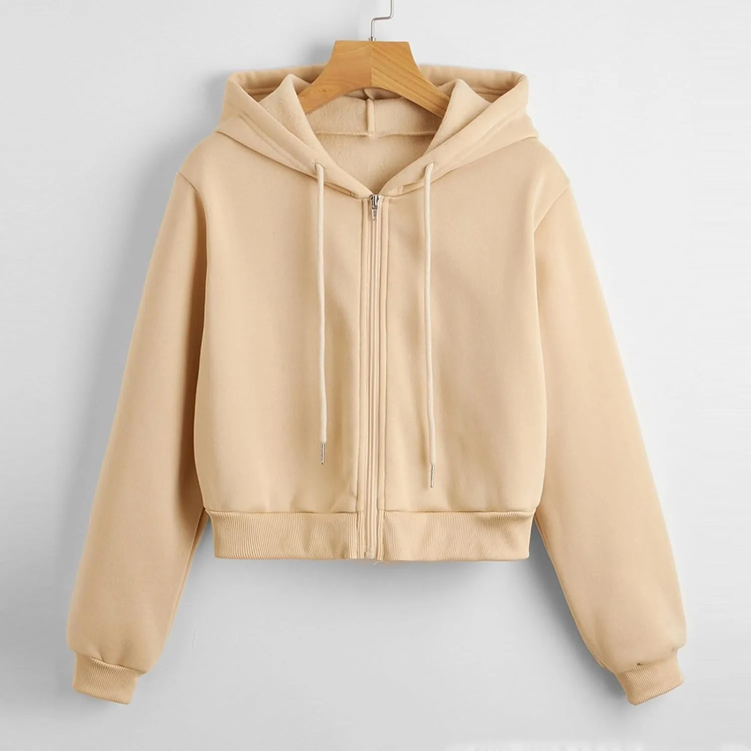 Women's Cropped Hoodie Long Sleeve Plain Lightweight Zip Up Hooded Sweatshirts Outwear Teens Tops with Pockets