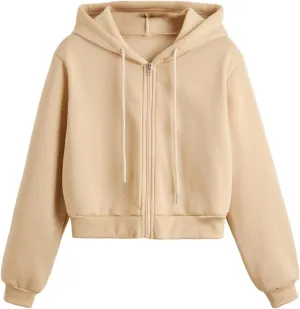 Women's Cropped Hoodie Long Sleeve Plain Lightweight Zip Up Hooded Sweatshirts Outwear Teens Tops with Pockets