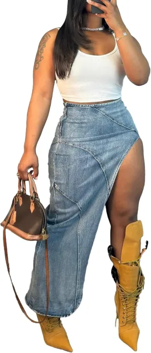Women's Denim Maxi Skirt Sexy High Slit Long Skirts High Waist Cargo Jean Skirt Casual