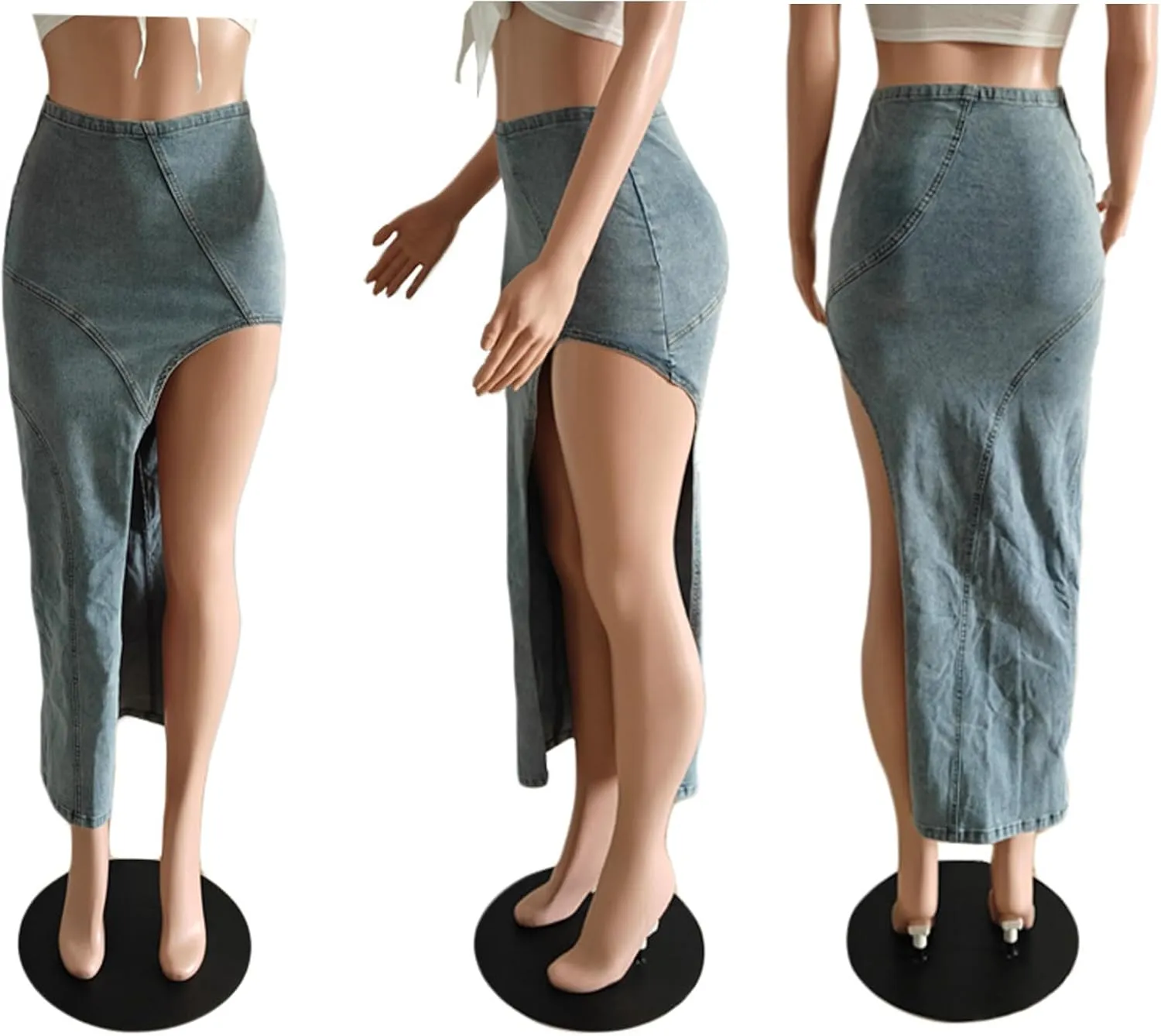 Women's Denim Maxi Skirt Sexy High Slit Long Skirts High Waist Cargo Jean Skirt Casual