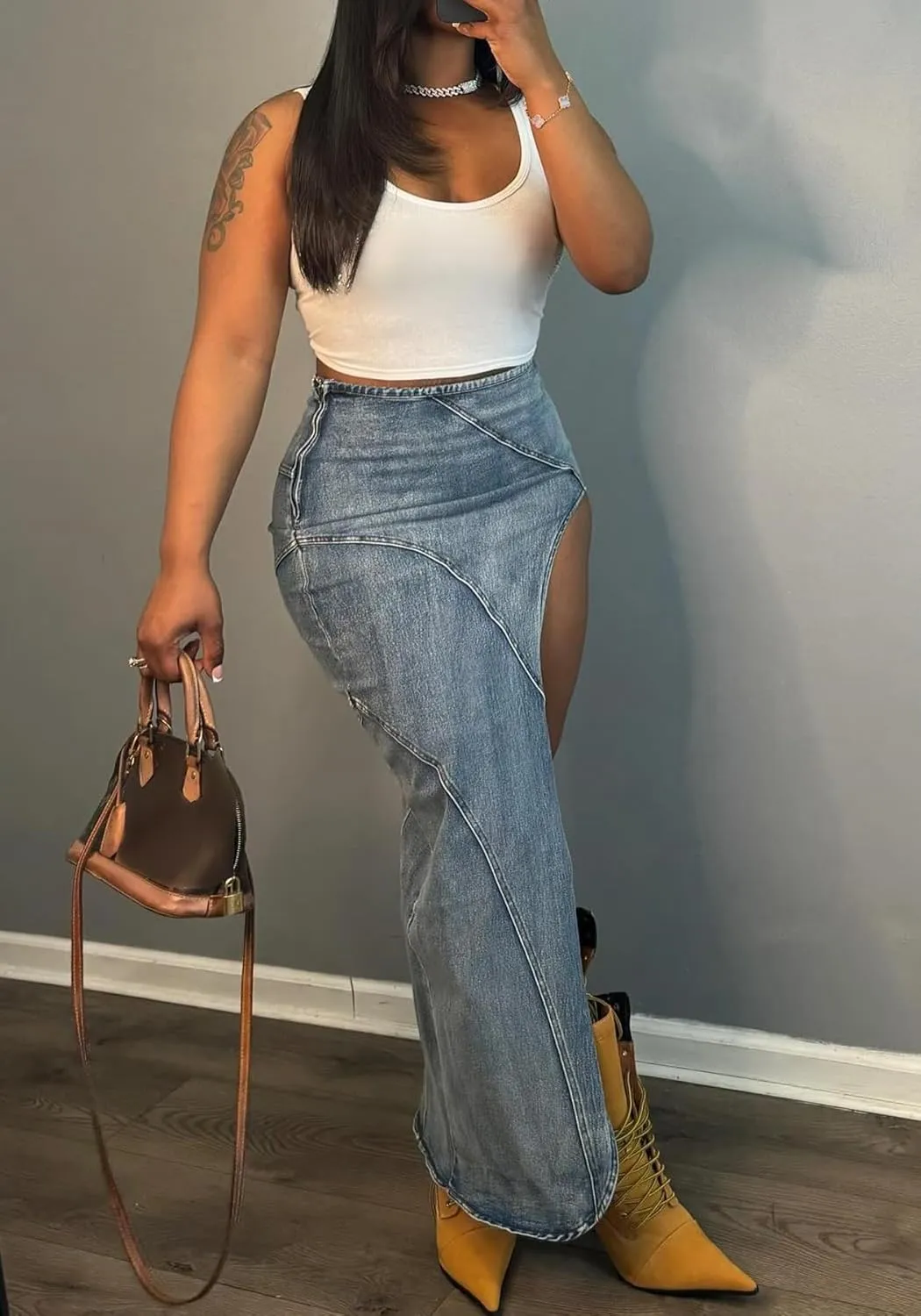Women's Denim Maxi Skirt Sexy High Slit Long Skirts High Waist Cargo Jean Skirt Casual