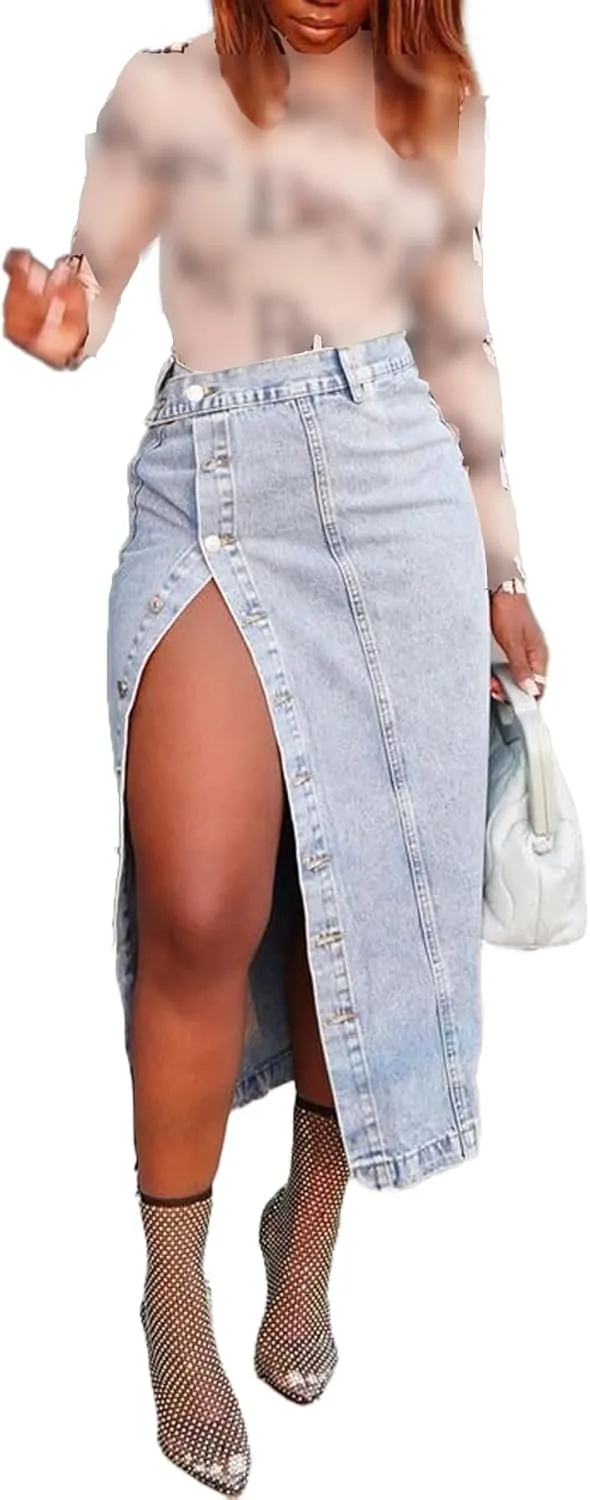 Women's Denim Maxi Skirt Sexy High Slit Long Skirts High Waist Cargo Jean Skirt Casual