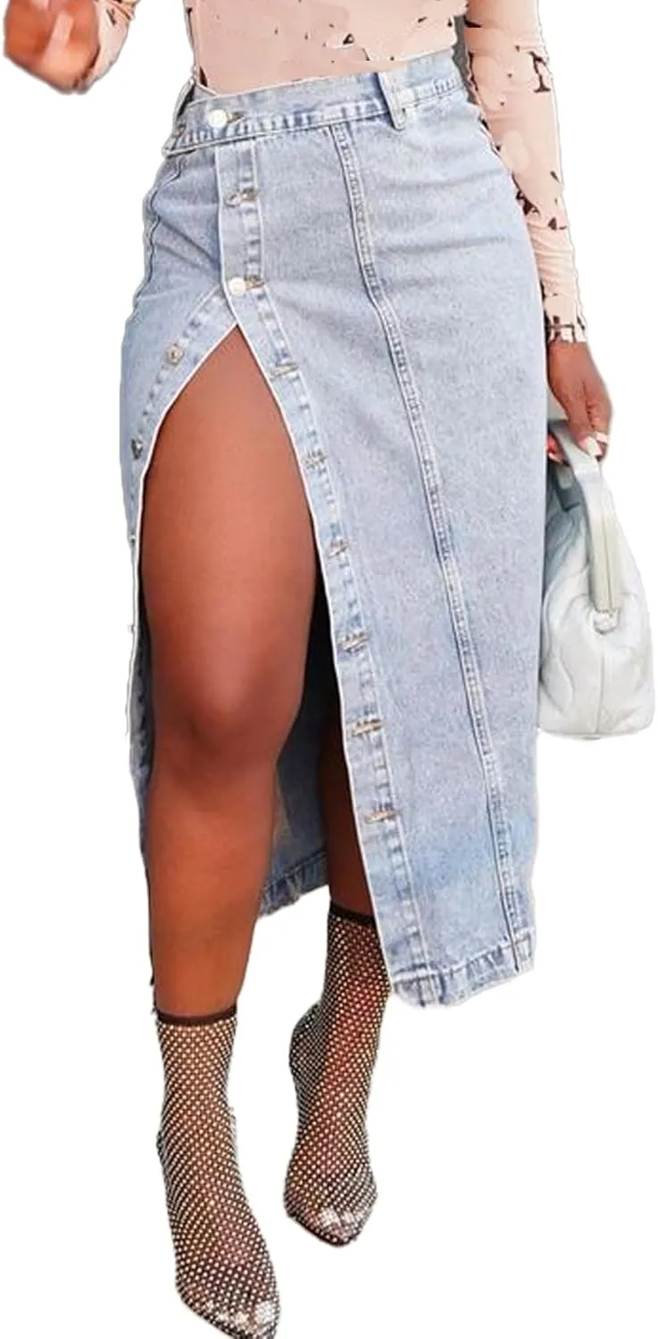 Women's Denim Maxi Skirt Sexy High Slit Long Skirts High Waist Cargo Jean Skirt Casual