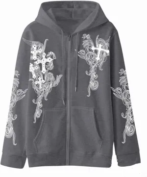 Womens Fall Sweatshirts Cross Totem Print Hooded Sweater Y2K Zipper Hoodies Vintage Outfits Clothes Zip Up Hoodie
