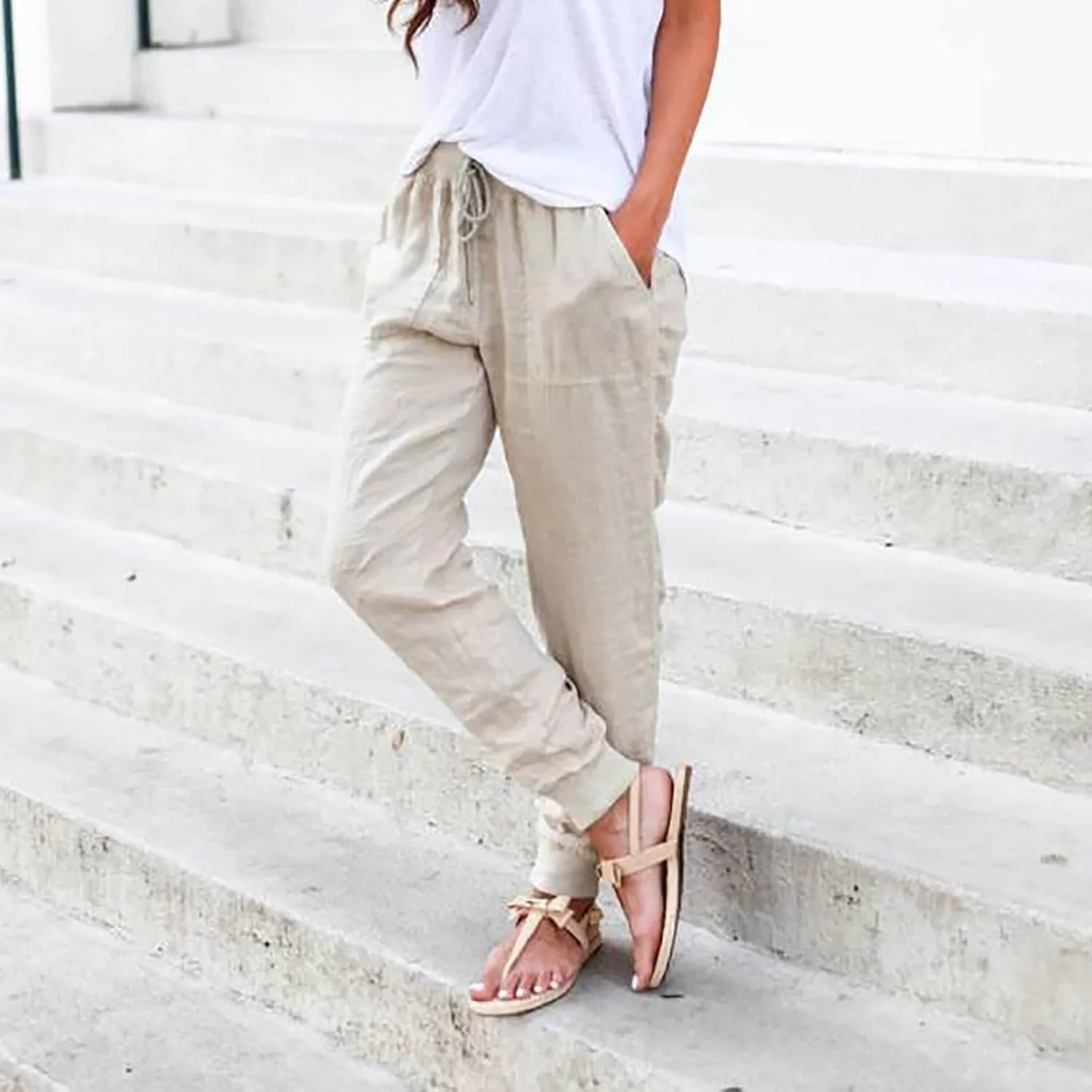 Womens Fashion Linen Pants Casual Straight Summer Drawstring Loose Lightweight Trousers with Pockets