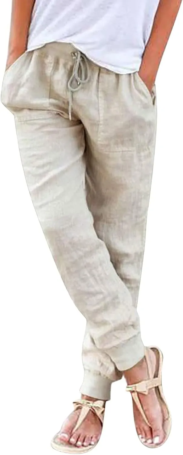 Womens Fashion Linen Pants Casual Straight Summer Drawstring Loose Lightweight Trousers with Pockets