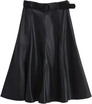 Women's Faux Leather A-Line Skirt Beige High-Waist Pleated Skirt Midi Below Knee Office Mini Skirt with Belt