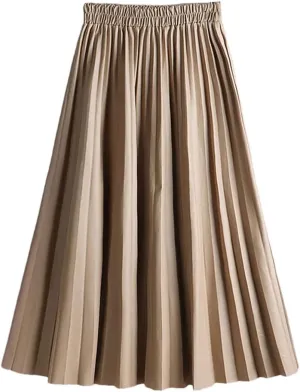 Women's Faux Leather Pleated Skirt Elegant Elastic Waist Long A-Line Midi Skirt for Autumn Winter