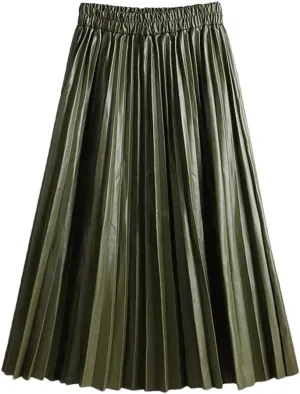 Women's Faux Leather Pleated Skirt Elegant Elastic Waist Long A-Line Midi Skirt for Autumn Winter