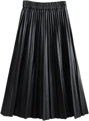 Women's Faux Leather Pleated Skirt Elegant Elastic Waist Long A-Line Midi Skirt for Autumn Winter