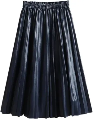 Women's Faux Leather Pleated Skirt Elegant Elastic Waist Long A-Line Midi Skirt for Autumn Winter