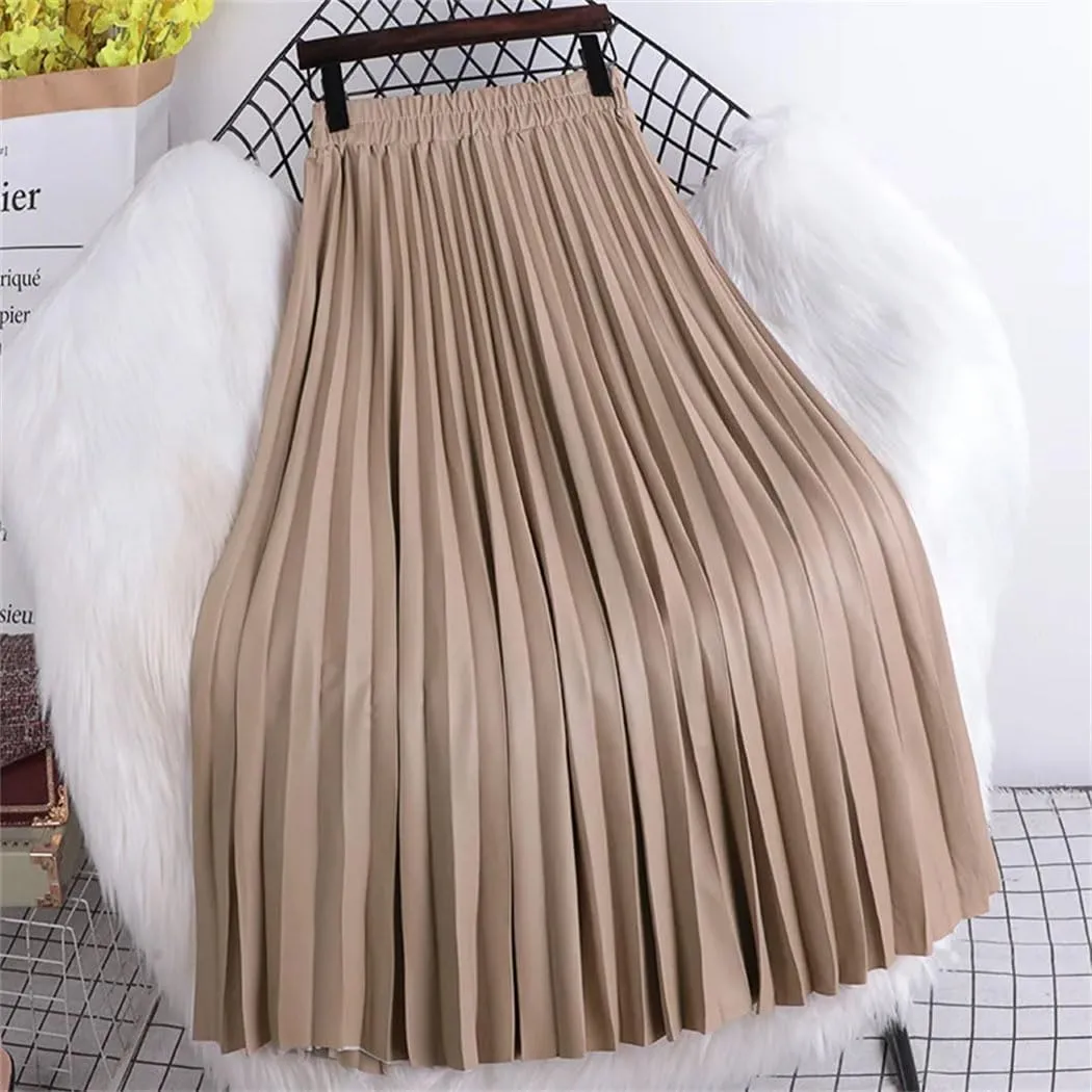 Women's Faux Leather Pleated Skirt Elegant Elastic Waist Long A-Line Midi Skirt for Autumn Winter