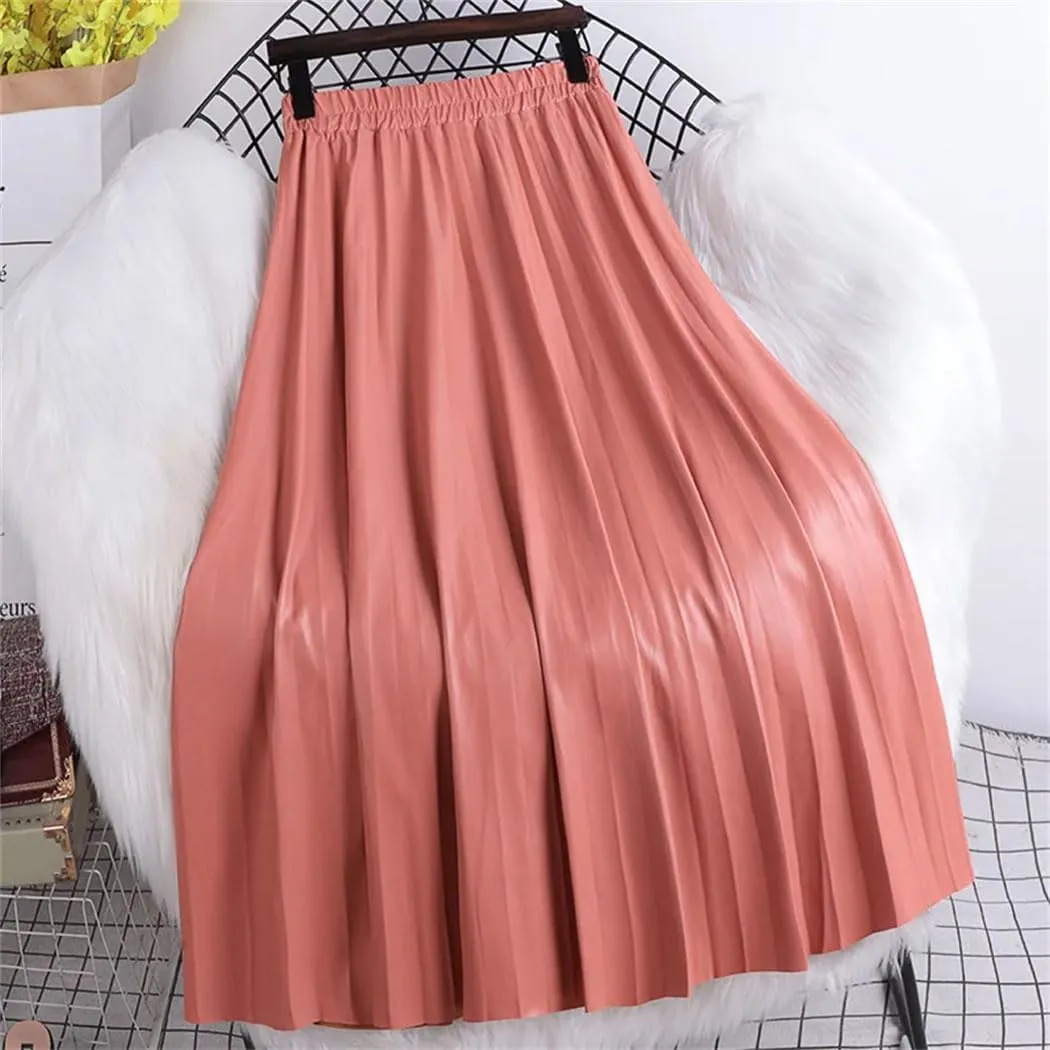 Women's Faux Leather Pleated Skirt Elegant Elastic Waist Long A-Line Midi Skirt for Autumn Winter