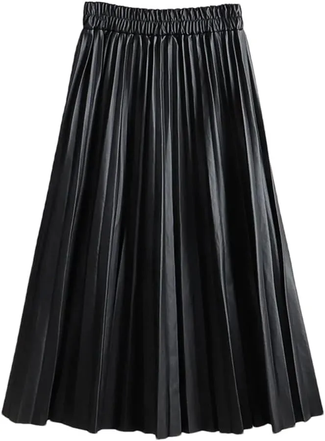 Women's Faux Leather Pleated Skirt Elegant Elastic Waist Long A-Line Midi Skirt for Autumn Winter
