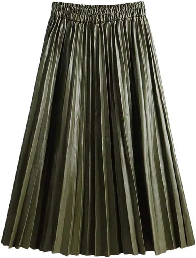 Women's Faux Leather Pleated Skirt Elegant Elastic Waist Long A-Line Midi Skirt for Autumn Winter