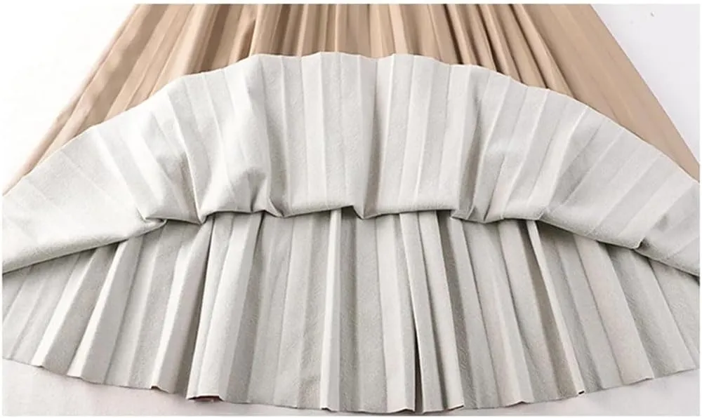 Women's Faux Leather Pleated Skirt Elegant Elastic Waist Long A-Line Midi Skirt for Autumn Winter