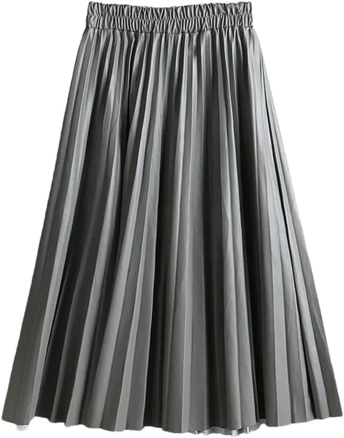 Women's Faux Leather Pleated Skirt Elegant Elastic Waist Long A-Line Midi Skirt for Autumn Winter