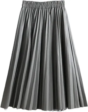 Women's Faux Leather Pleated Skirt Elegant Elastic Waist Long A-Line Midi Skirt for Autumn Winter