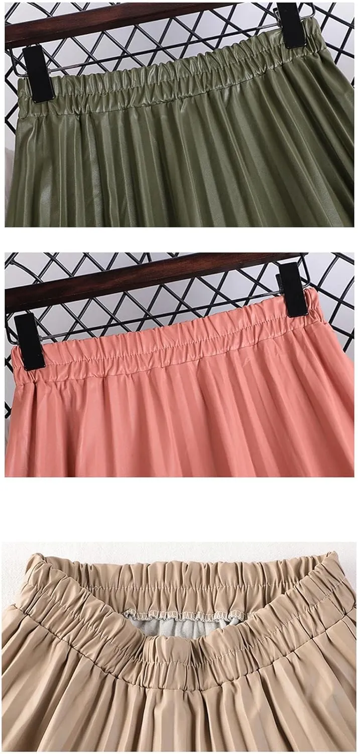 Women's Faux Leather Pleated Skirt Elegant Elastic Waist Long A-Line Midi Skirt for Autumn Winter