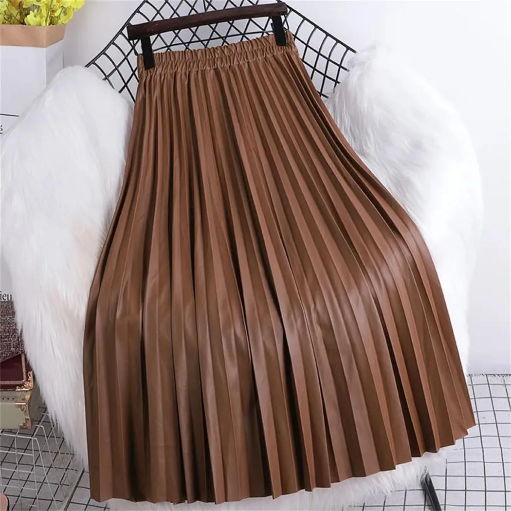 Women's Faux Leather Pleated Skirt Elegant Elastic Waist Long A-Line Midi Skirt for Autumn Winter