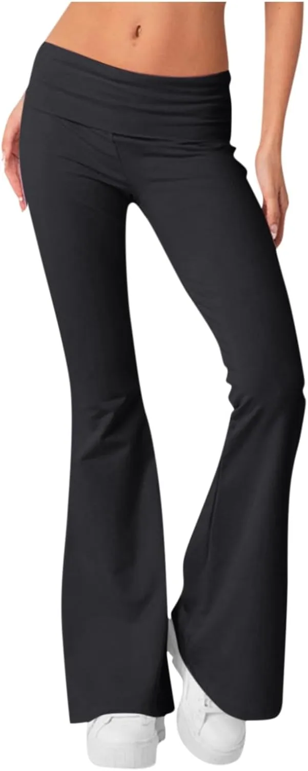 Womens Flare Pants Solid Color Bootcut Yoga Leggings Low Waisted Tummy Control Workout Slacks