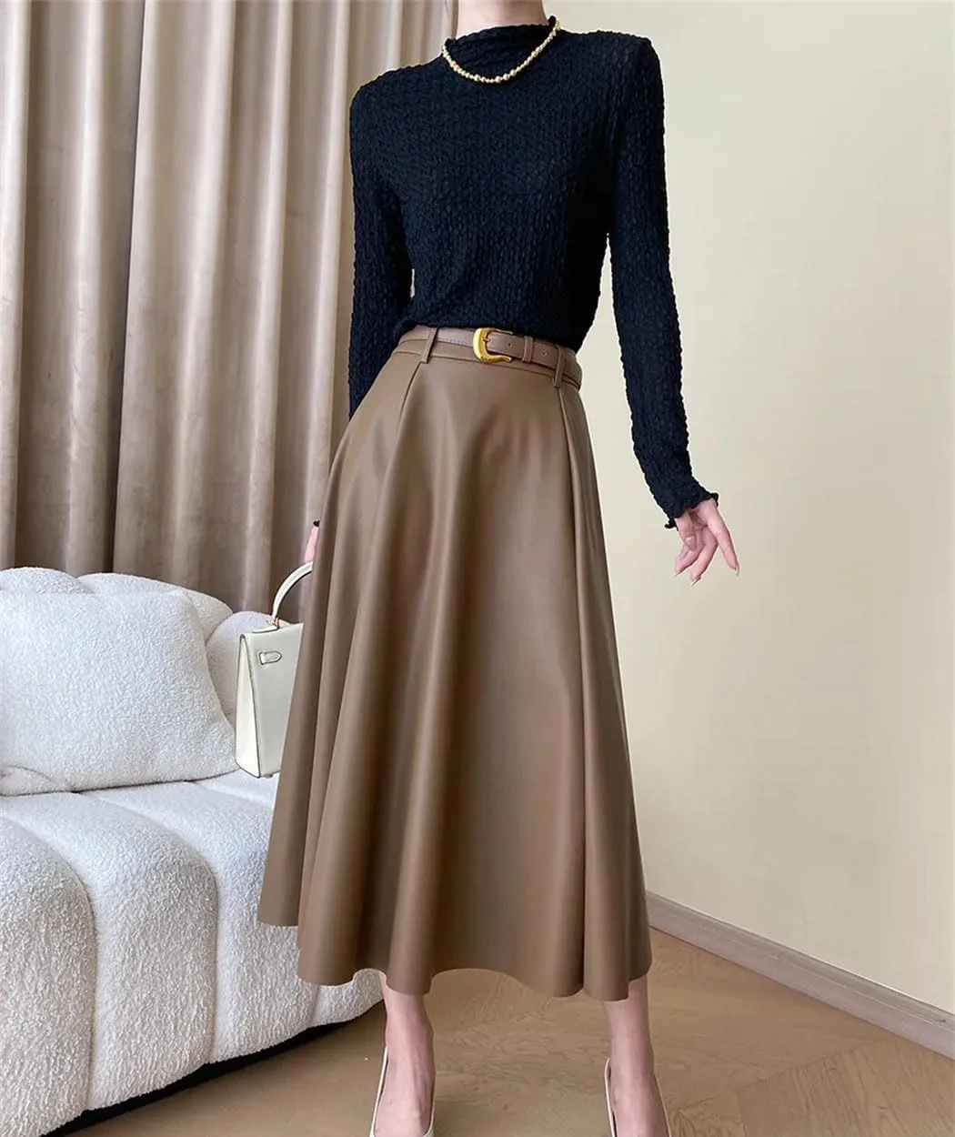 Women's French Pleated A-Line Leather Skirt Commuting Style Solid Color Knit Long Skirt with Belt