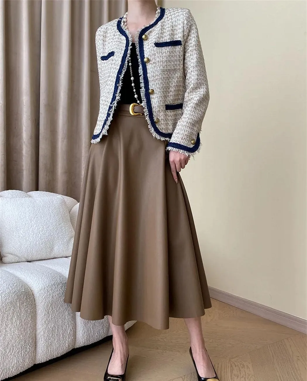 Women's French Pleated A-Line Leather Skirt Commuting Style Solid Color Knit Long Skirt with Belt