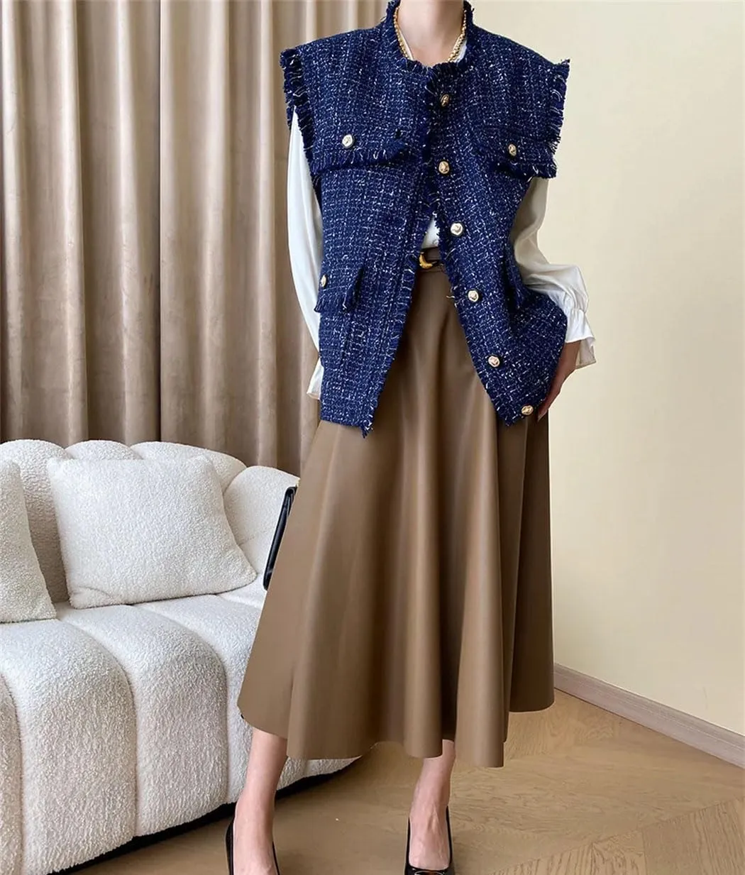 Women's French Pleated A-Line Leather Skirt Commuting Style Solid Color Knit Long Skirt with Belt