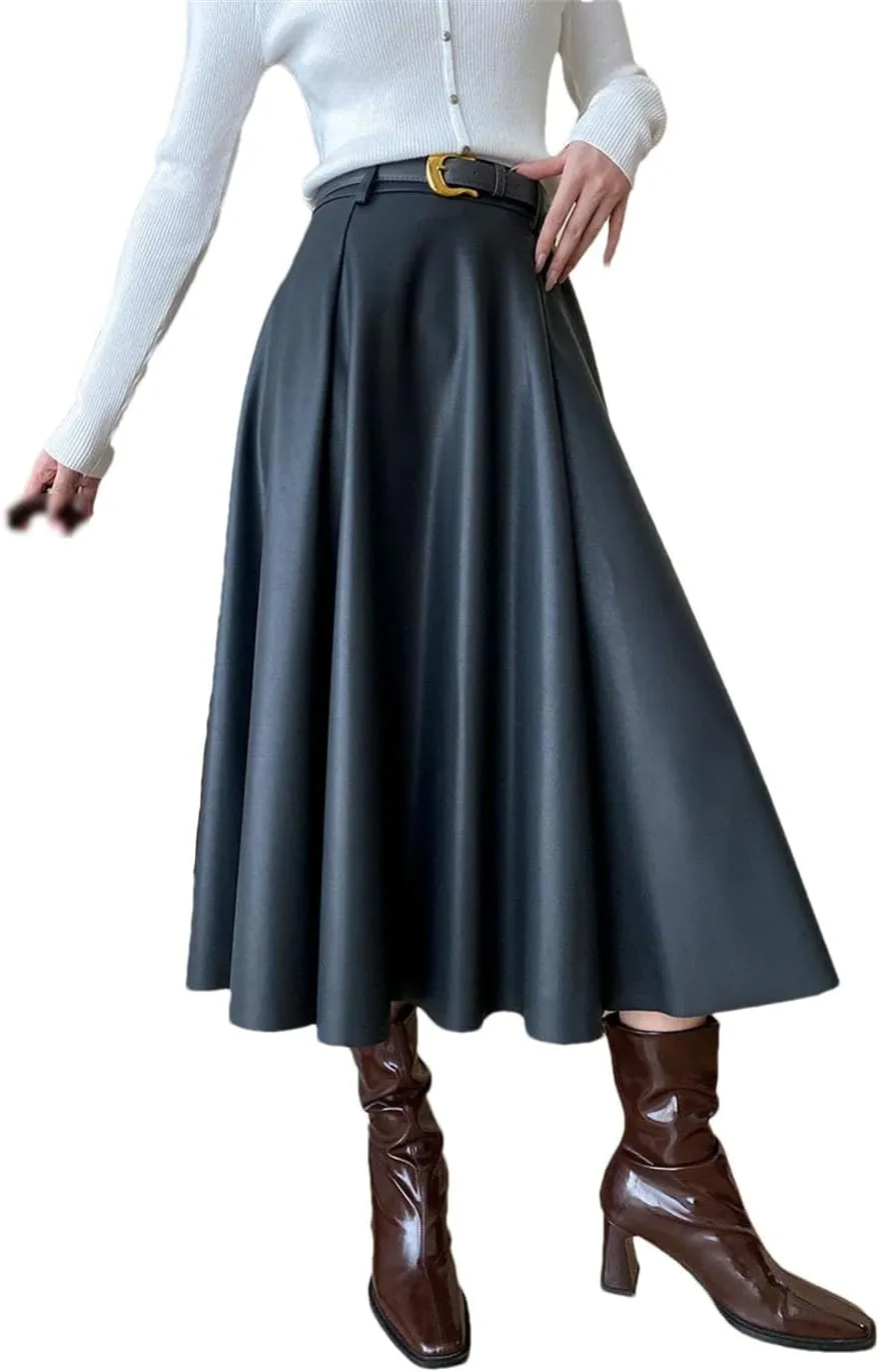 Women's French Pleated A-Line Leather Skirt Commuting Style Solid Color Knit Long Skirt with Belt