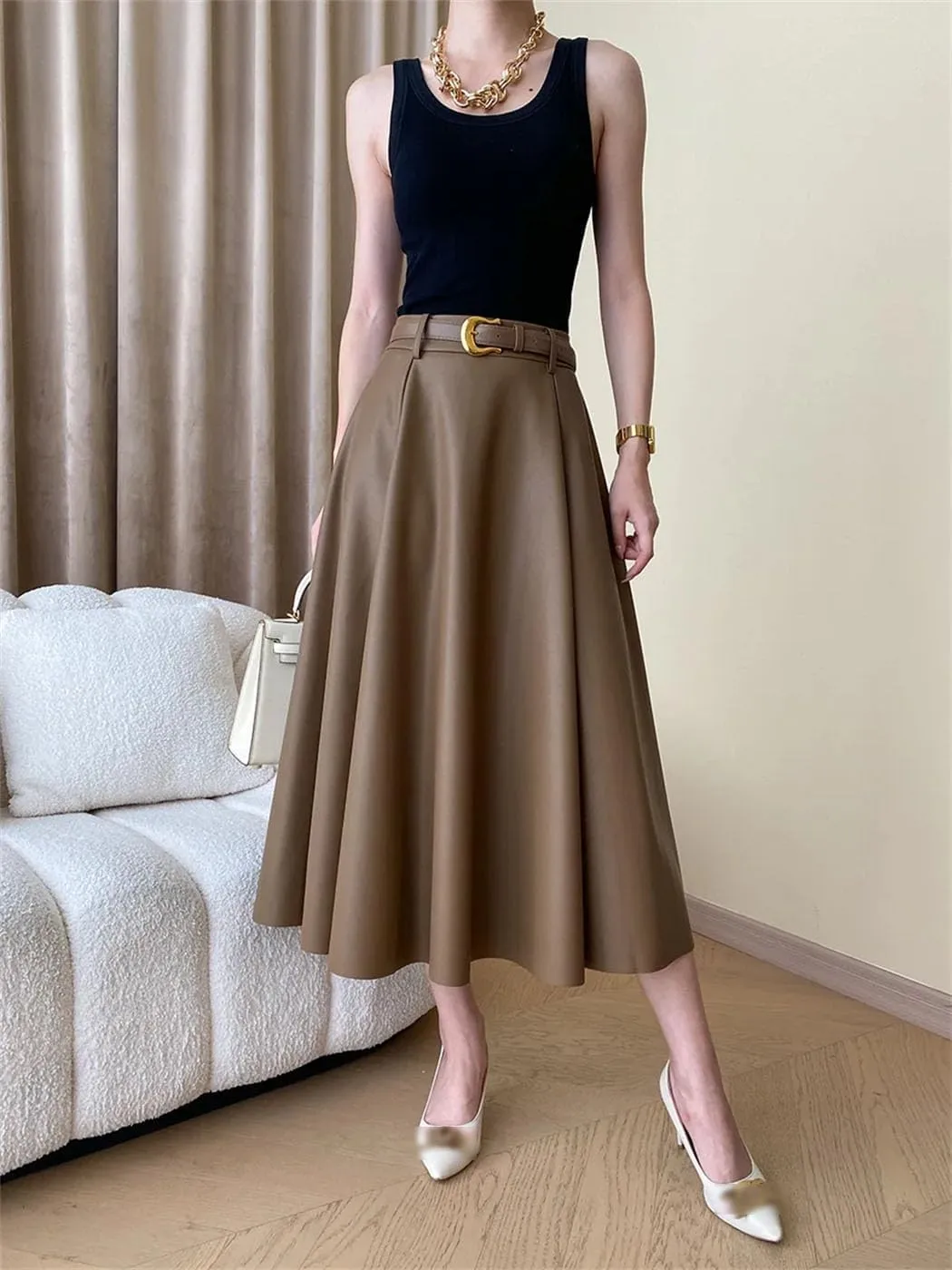 Women's French Pleated A-Line Leather Skirt Commuting Style Solid Color Knit Long Skirt with Belt