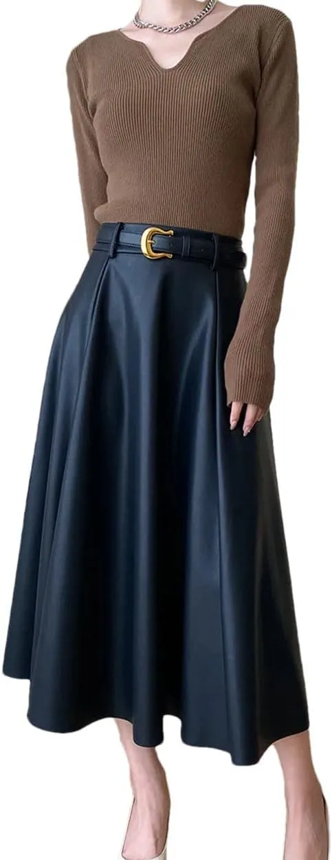 Women's French Pleated A-Line Leather Skirt Commuting Style Solid Color Knit Long Skirt with Belt