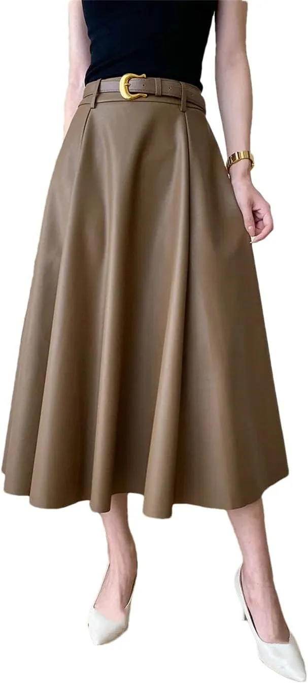 Women's French Pleated A-Line Leather Skirt Commuting Style Solid Color Knit Long Skirt with Belt