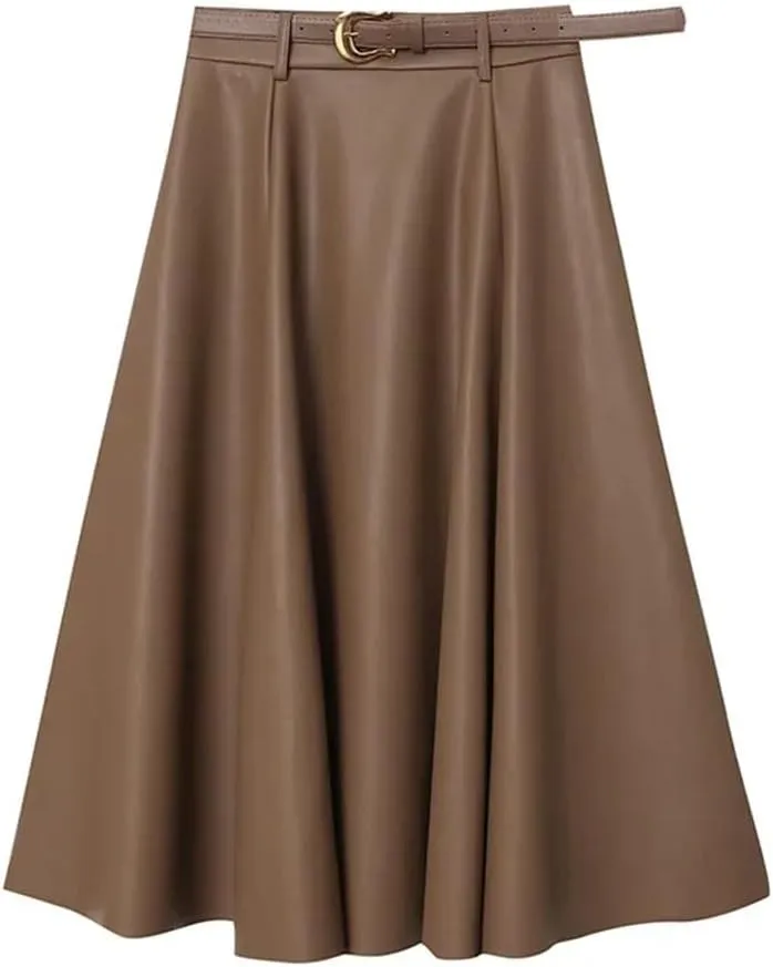 Women's French Pleated A-Line Leather Skirt Commuting Style Solid Color Knit Long Skirt with Belt