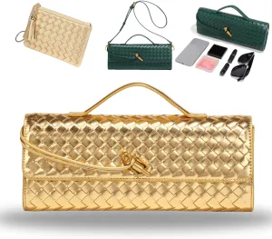 Women's Handmade Woven Evening Bag, PU Leather Handmade Clutch Purse, Fashion Crossbody Clutch Purse with Long Strap