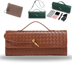 Women's Handmade Woven Evening Bag, PU Leather Handmade Clutch Purse, Fashion Crossbody Clutch Purse with Long Strap
