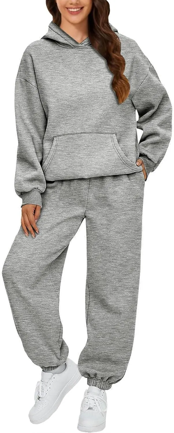 Womens Hoodie 2 Piece Set Trendy Oversized Baggy Lounge Y2K Sweatsuit Sets Casual Solid Color Loose Fit Tracksuit Set