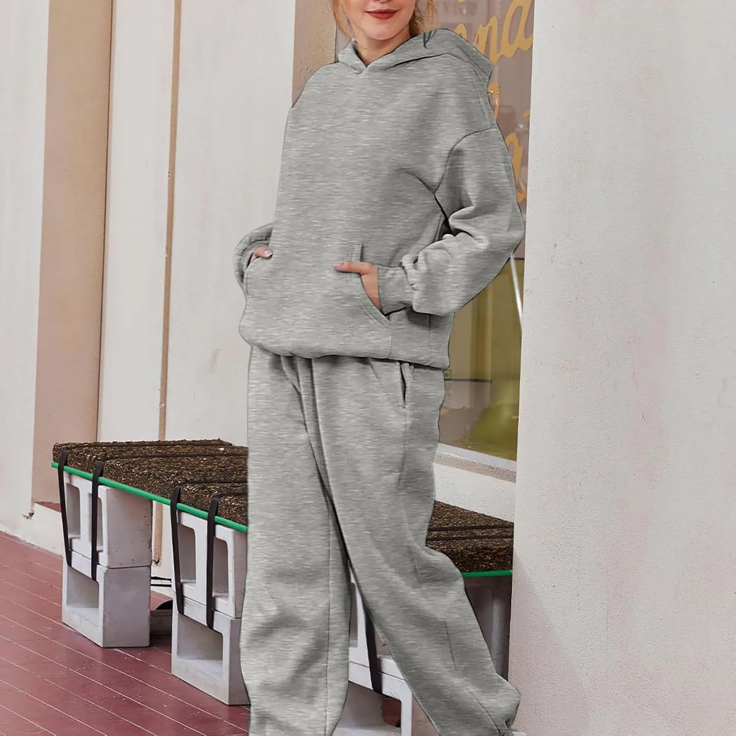 Womens Hoodie 2 Piece Set Trendy Oversized Baggy Lounge Y2K Sweatsuit Sets Casual Solid Color Loose Fit Tracksuit Set
