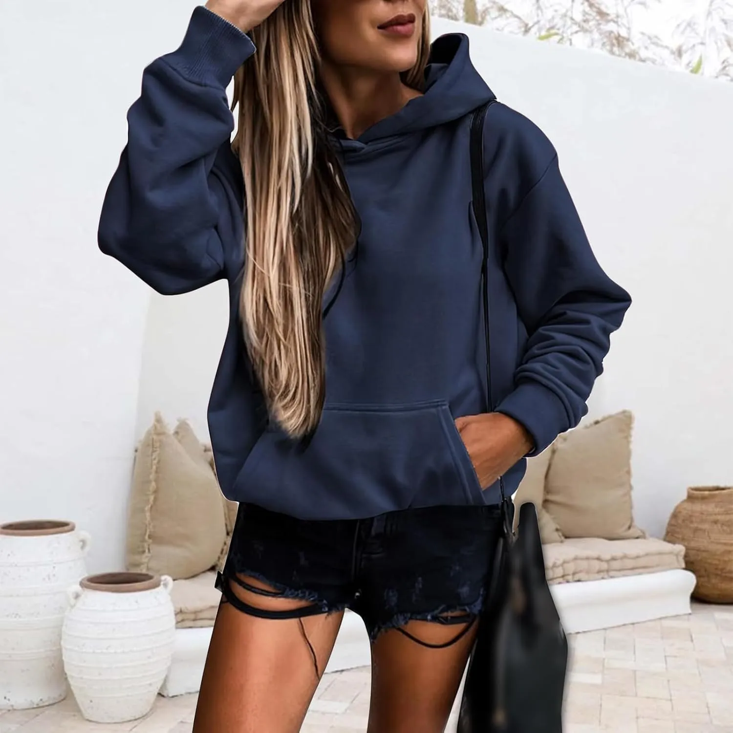 Womens Hoodies Pullover Oversized Long Sleeve Hooded Sweatshirt Casual Lightweight Solid Color Sweatshirts 2024 Fall