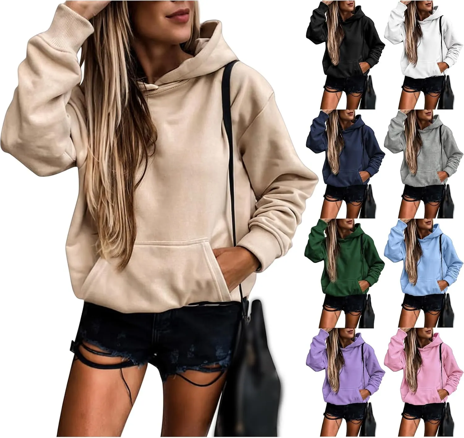 Womens Hoodies Pullover Oversized Long Sleeve Hooded Sweatshirt Casual Lightweight Solid Color Sweatshirts 2024 Fall