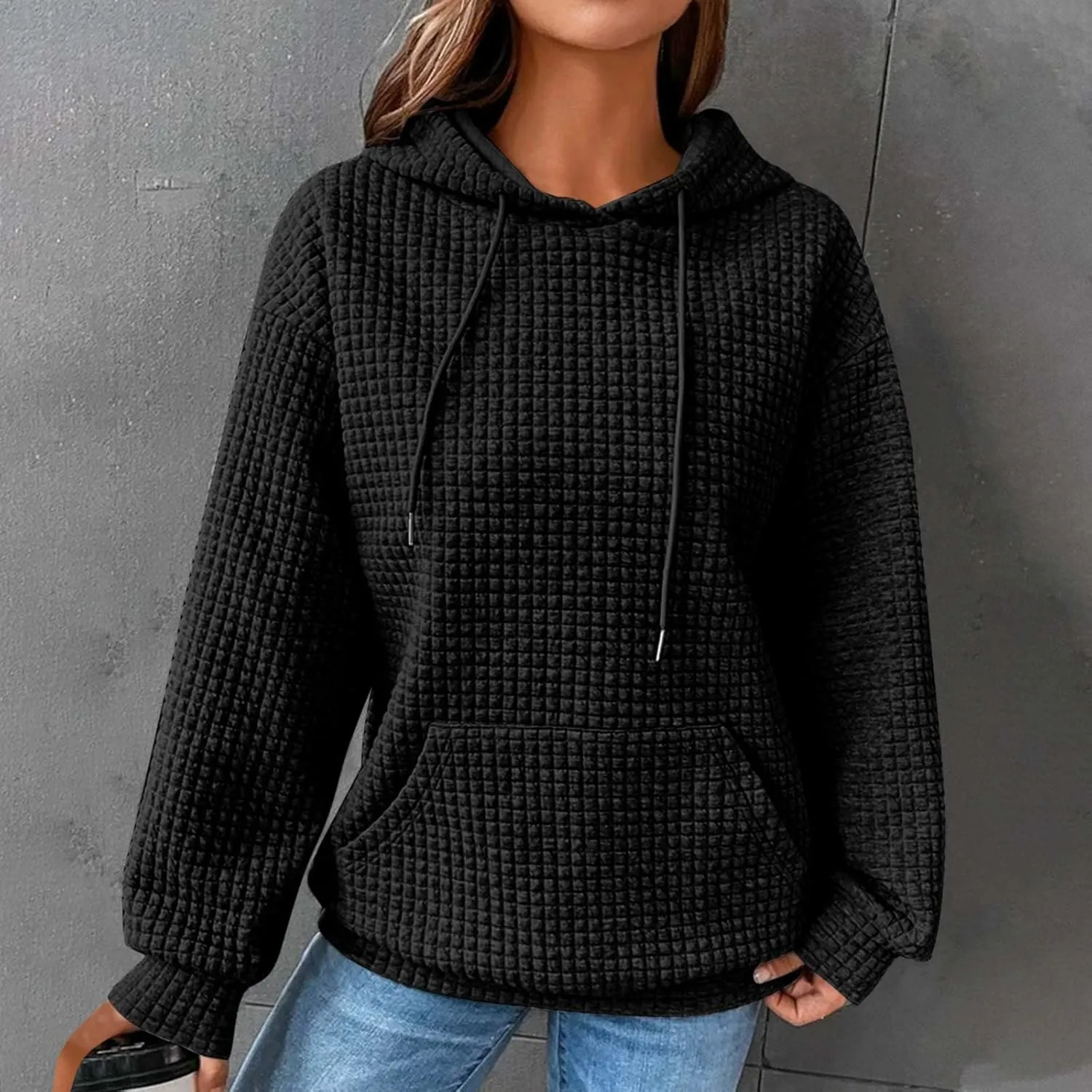 Womens Hoodies Waffle Hooded Sweatshirt Long Sleeve Casual Loose Fit Pullover Tops 2024 Fall Fashion with Pocket